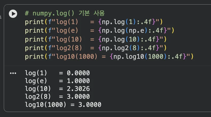 numpy.log() 기본 실습 결과