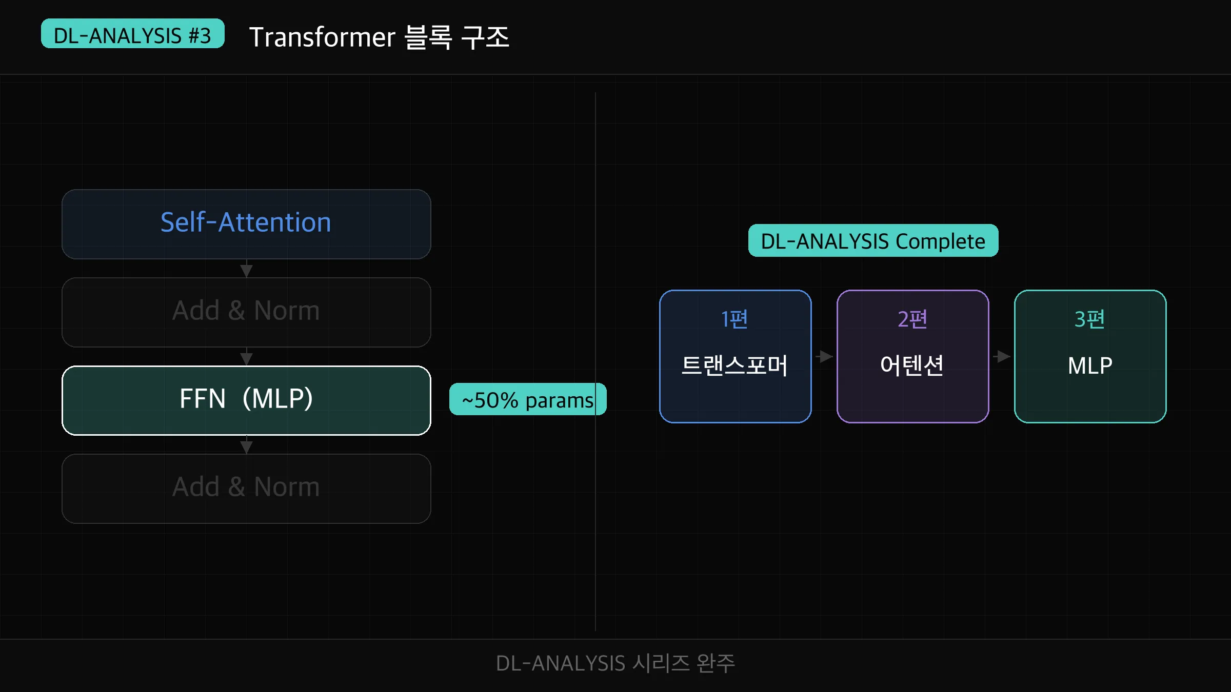Transformer 블록 전체 구조 — Attention + MLP 위치 + 시리즈 완주 배지