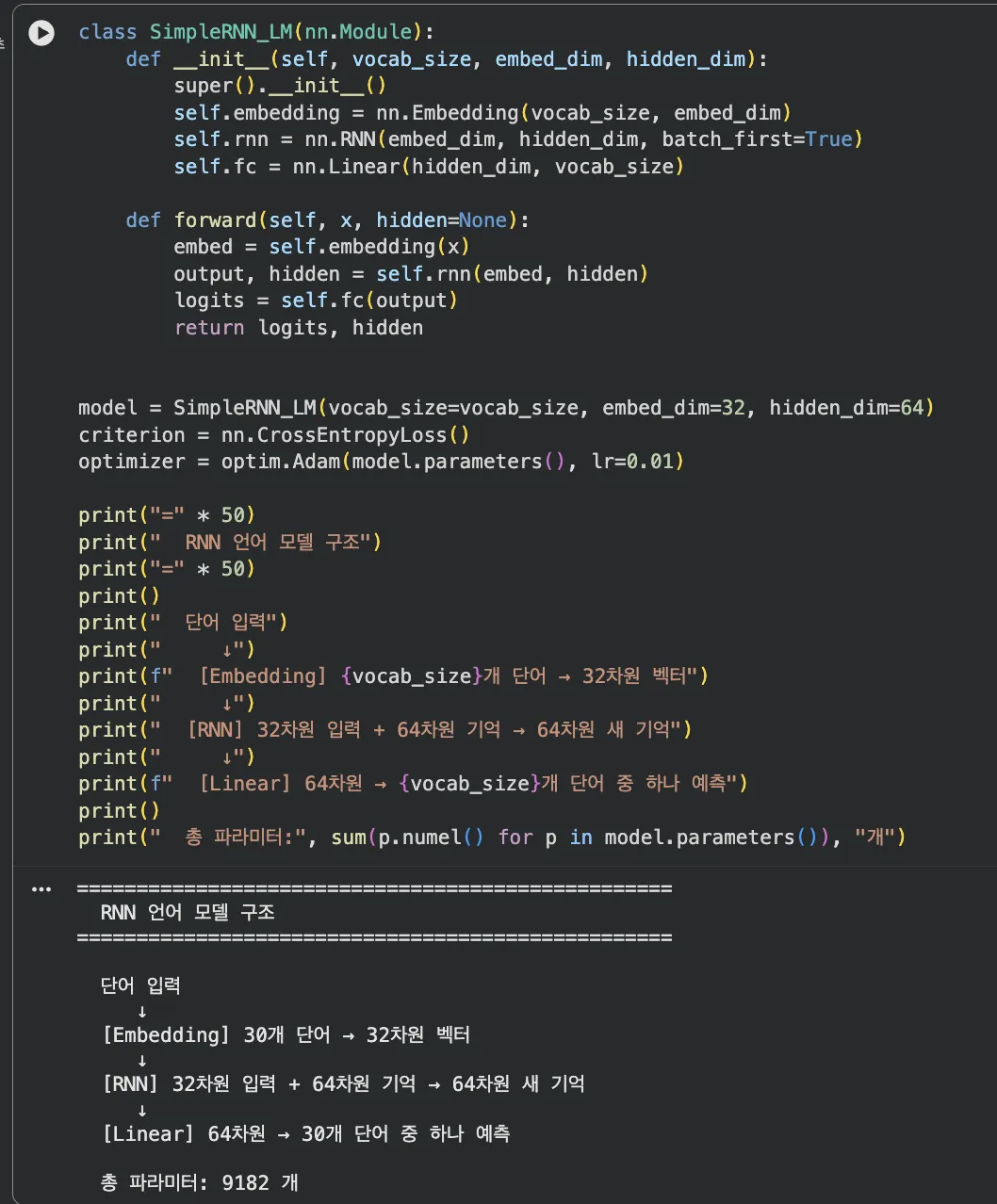 RNN 모델 정의 코드 — Embedding → RNN → Linear 구조