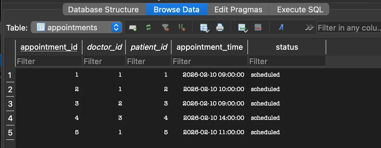 appointments 테이블 Browse Data