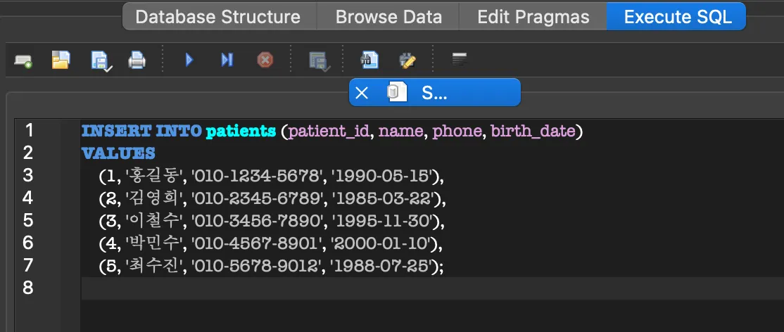 환자 데이터 입력 SQL