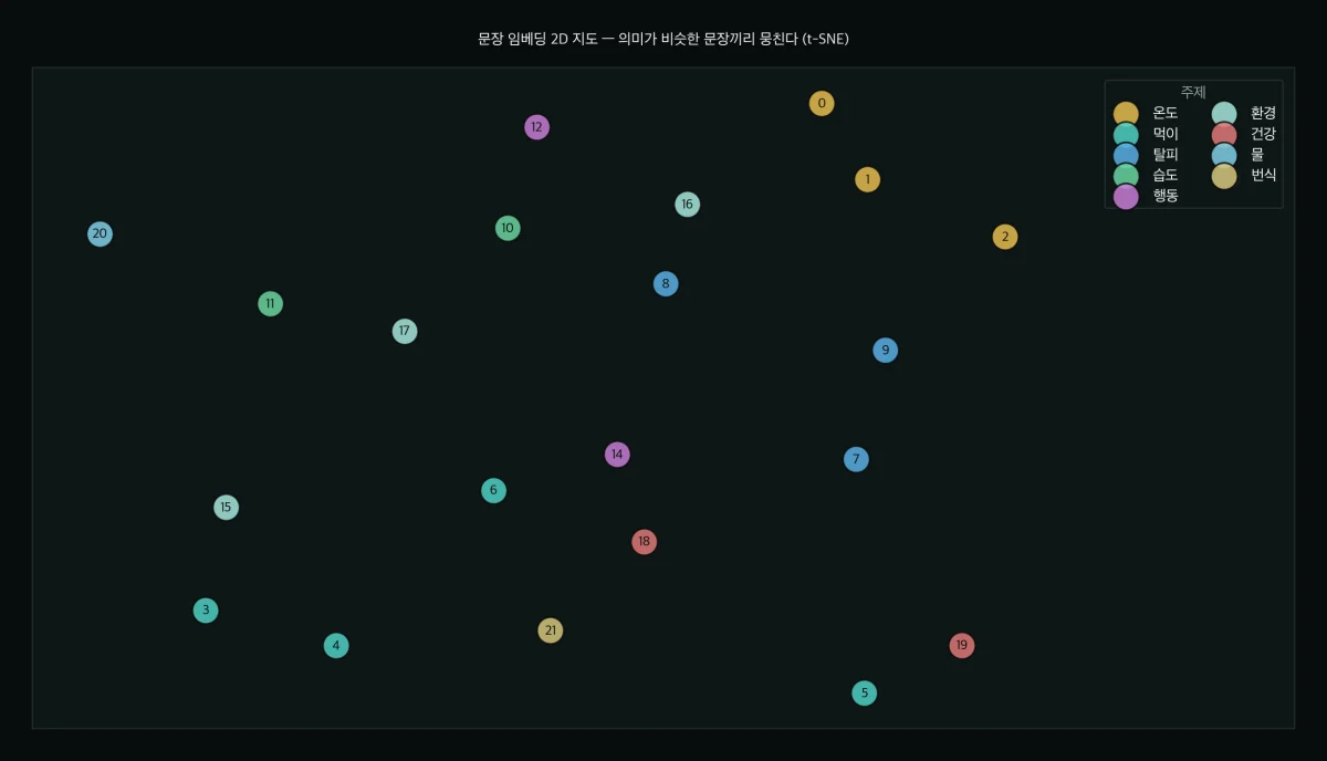 문장 임베딩 2D 산점도 (t-SNE) — 주제가 비슷한 문장끼리 가까운 영역에 모인다