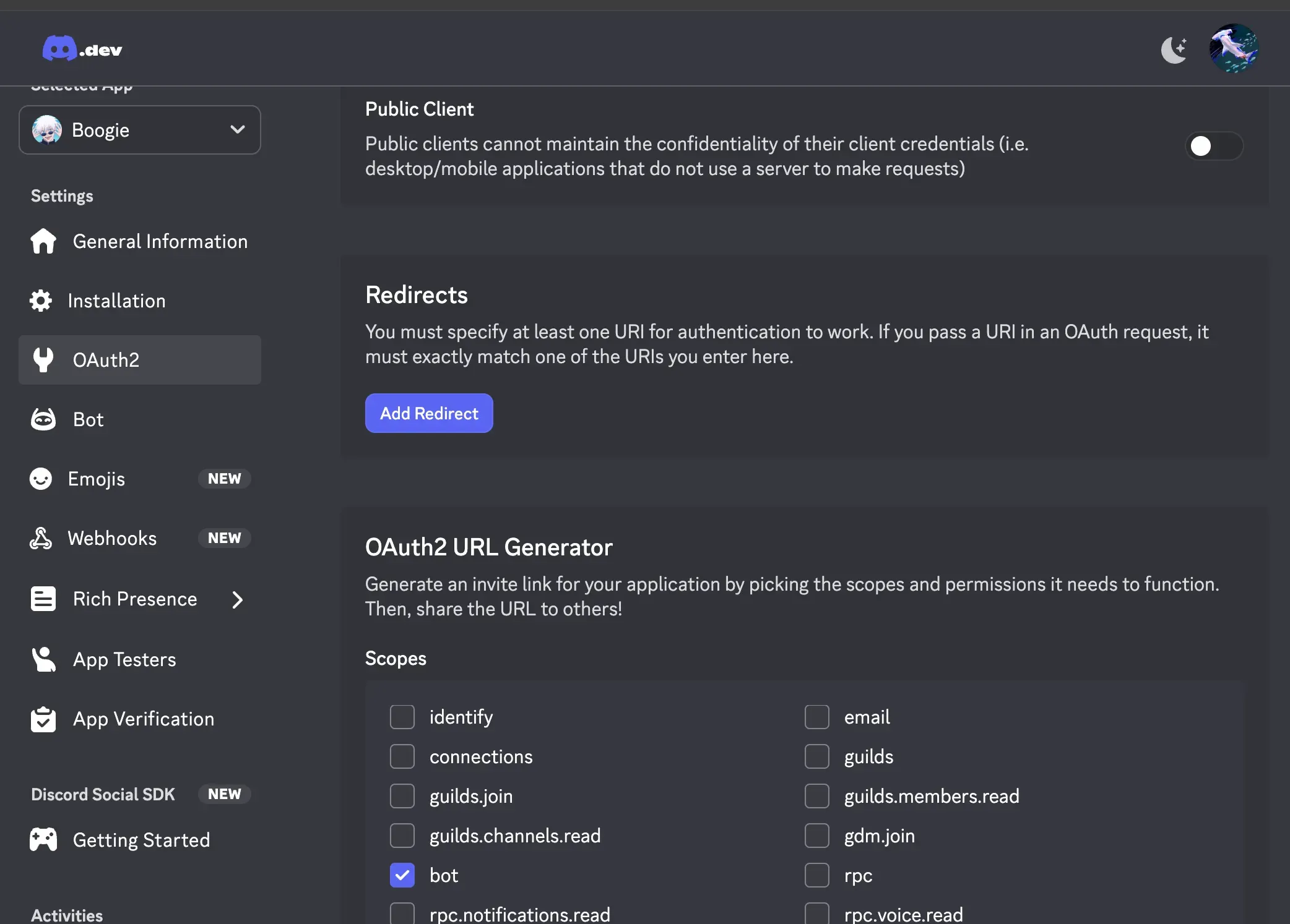 Discord OAuth 설정 화면