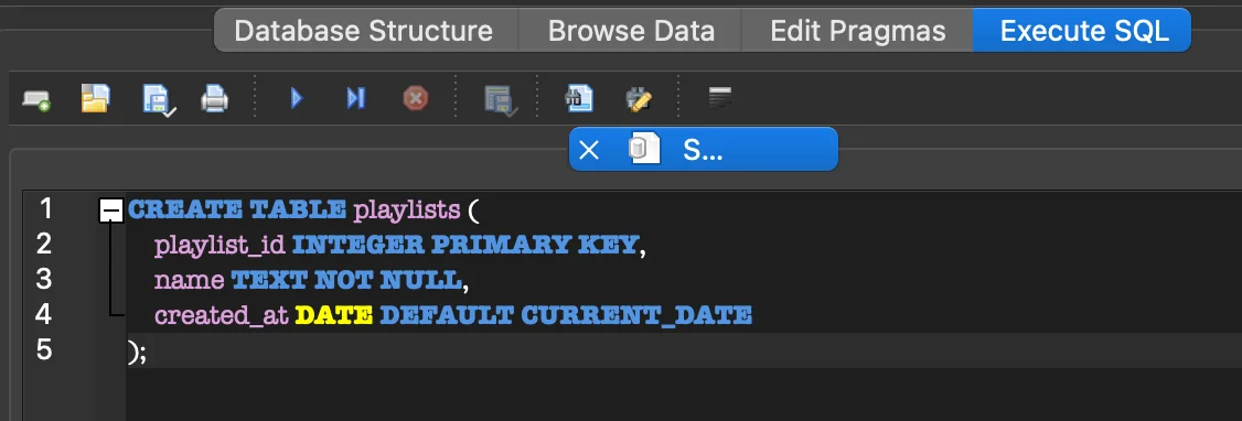 CREATE TABLE playlists 실행