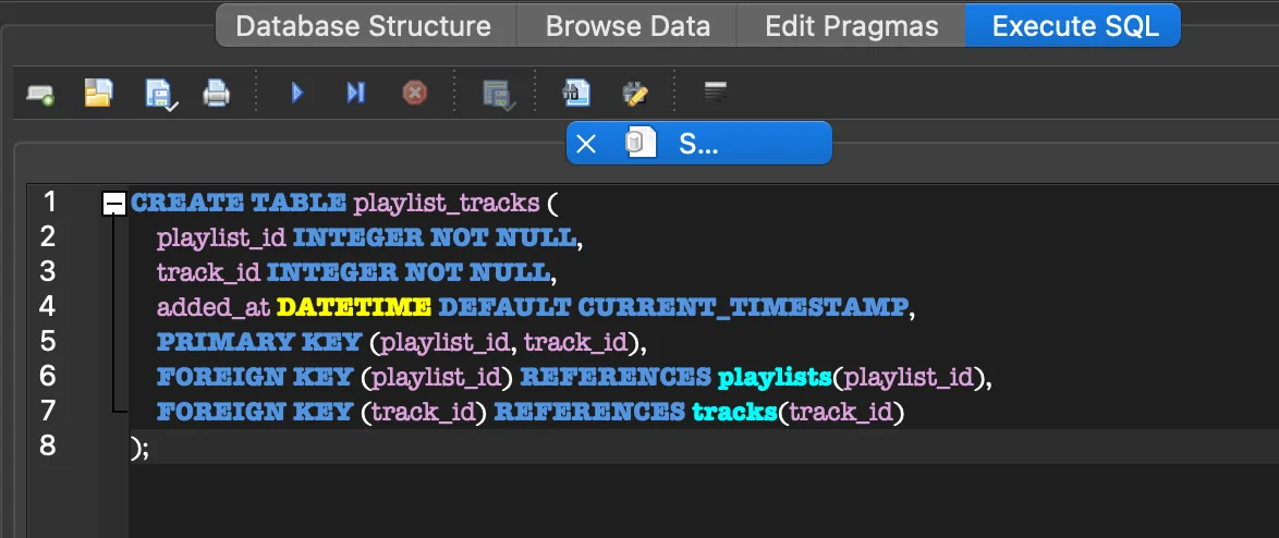 CREATE TABLE playlist_tracks 실행