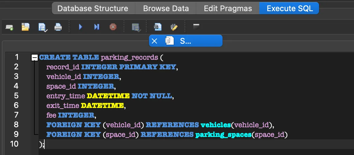 CREATE TABLE parking_records 실행