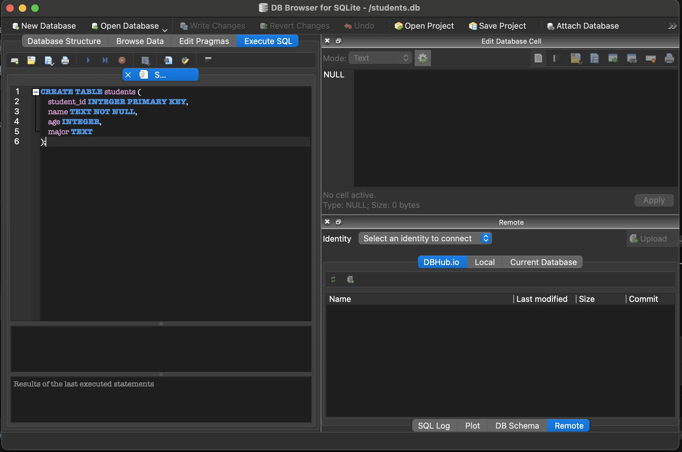 CREATE TABLE 쿼리 실행