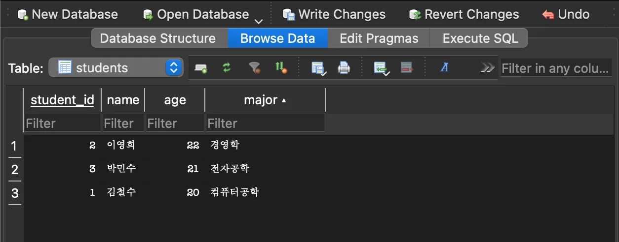 학생 데이터 3건 입력 완료