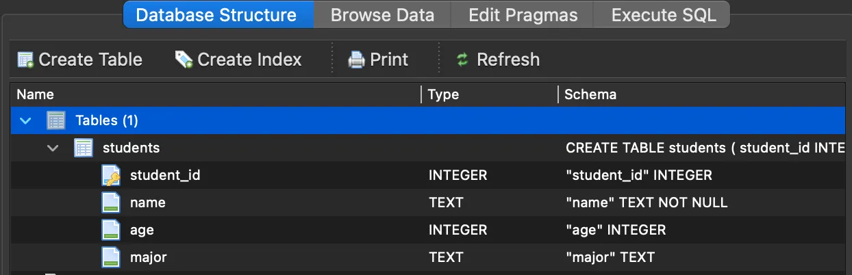 students 테이블 생성 완료